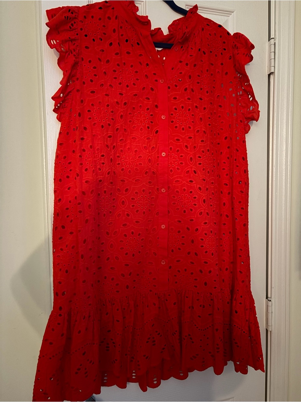 H&M Red Eyelet Button-Front Ruffle Hem Dress XL EUC
